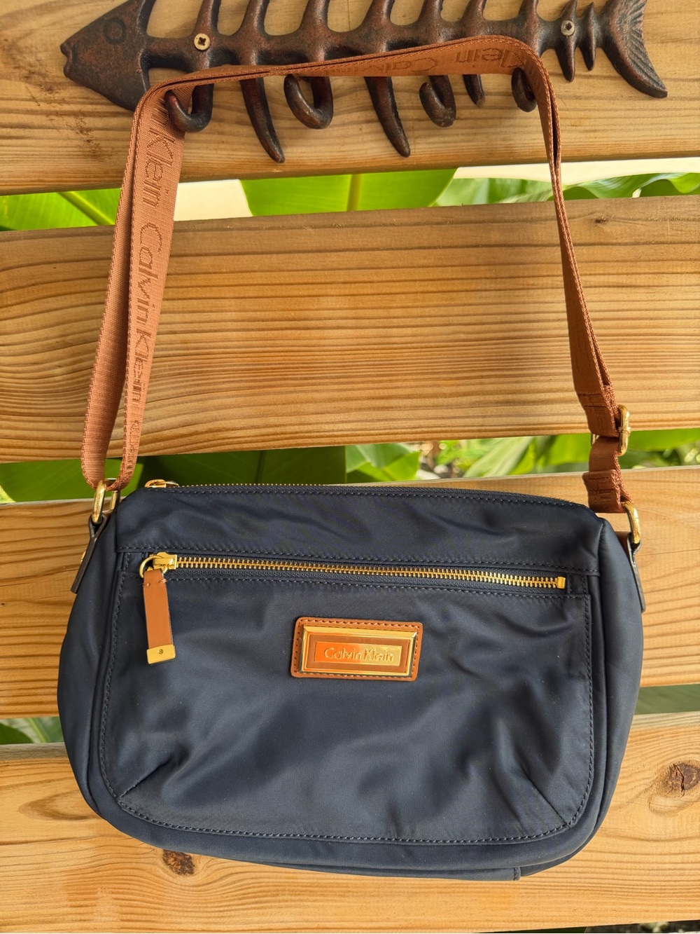 Calvin Klein Navy Crossbody with Brown Strap and Gold Hardware